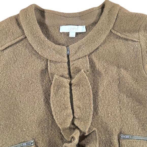 LOFT 100% Merino Wool Olive Ruffle Front Zip Jacket Cardigan Medium - Picture 1 of 9